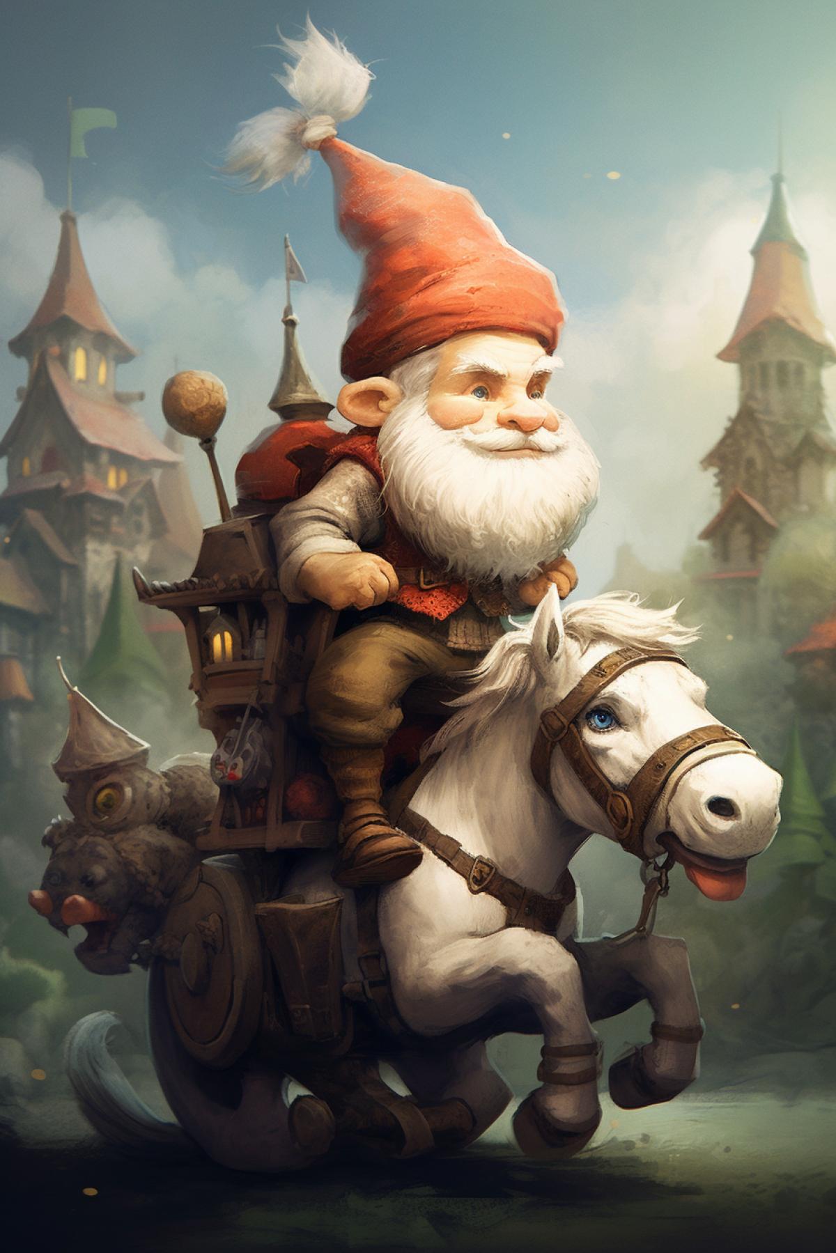 Little gnome riding a horse