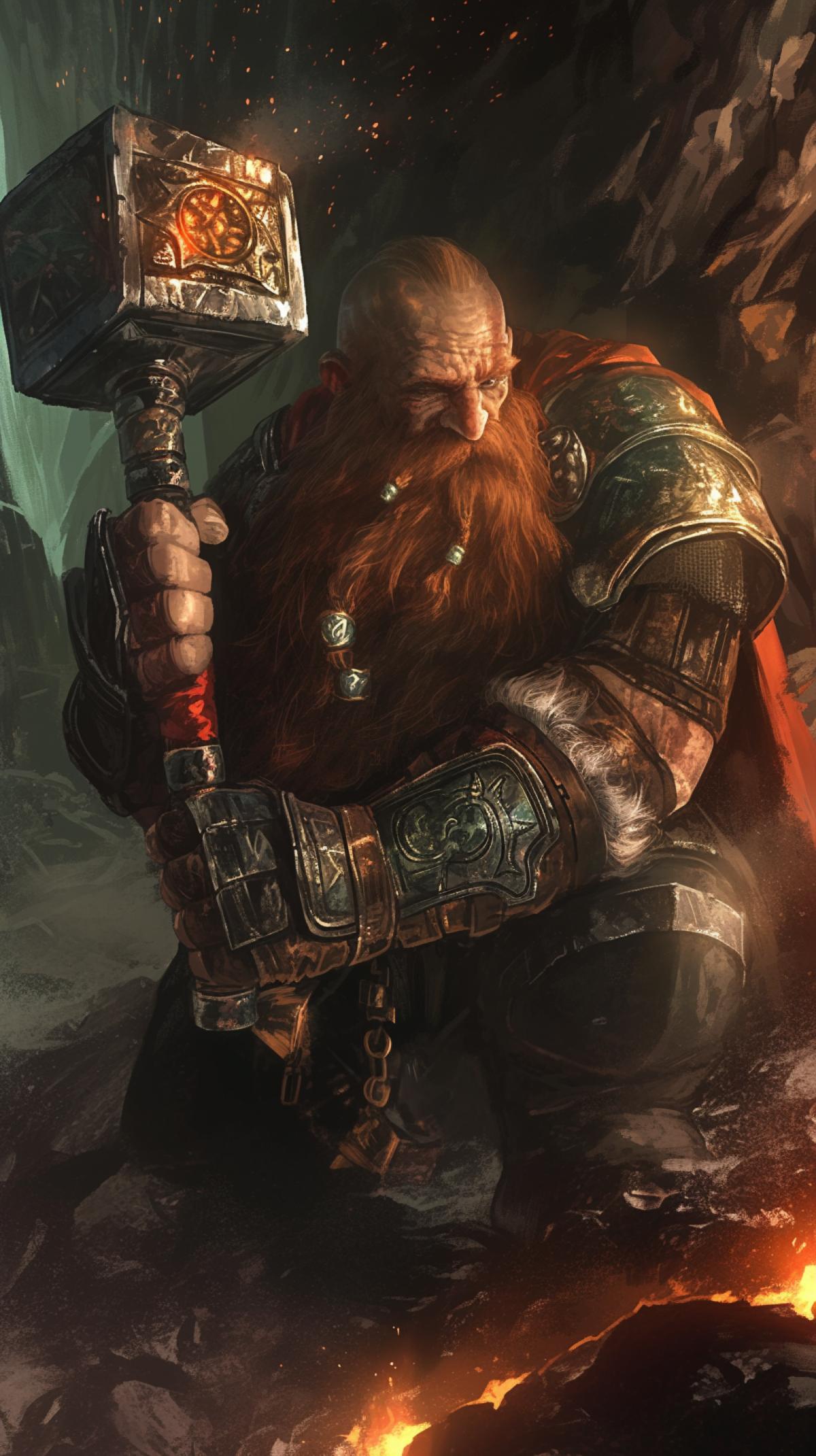 A dwarf with a battle magic hammer , subterranean, d&d style, WOW style, by Gerald Brom close up ,dark fantasy style,in dynamics, highly detailed, packed with hidden details, style, high dynamic range, hyper realistic, realistic attention to detail, highly detailed, 32K, intense close ups, uhd image, realism, colorful realism
