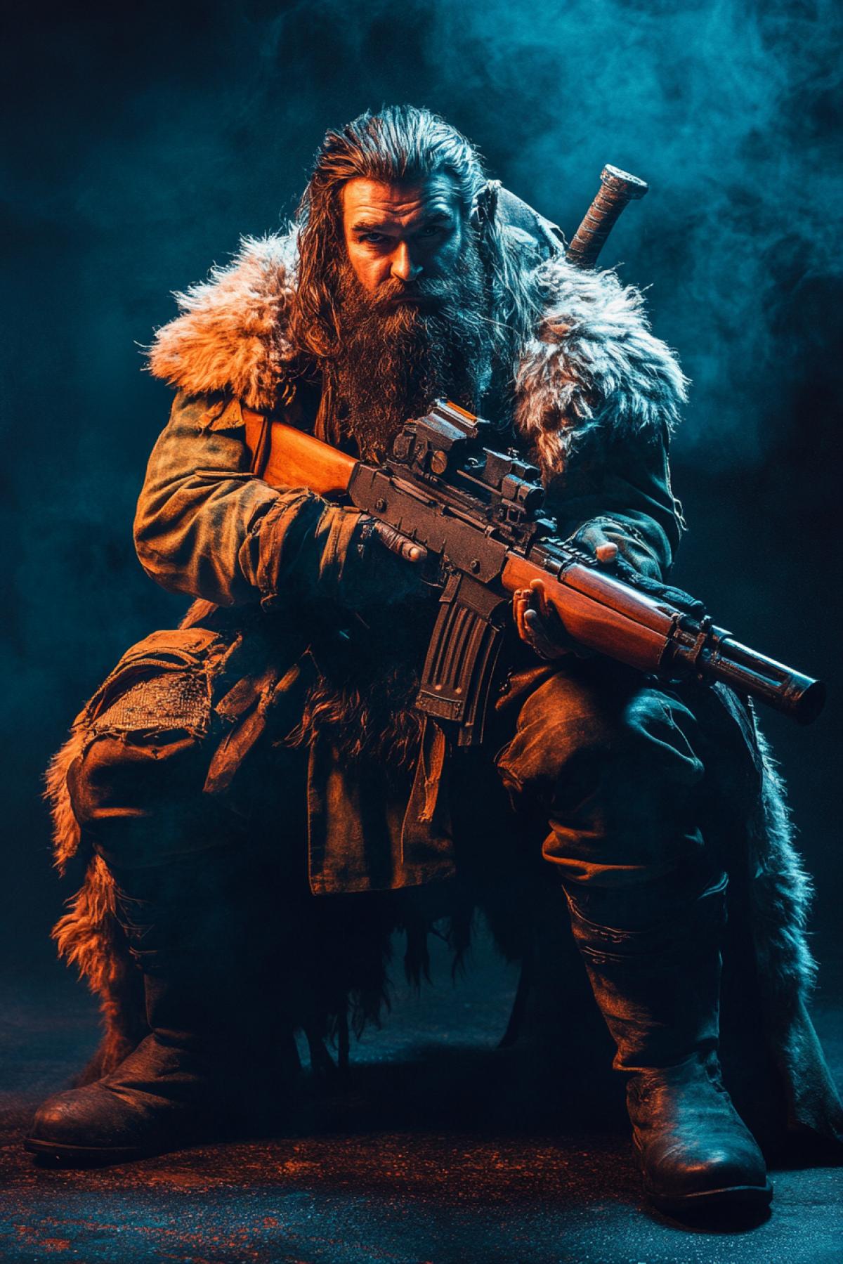 Durin the king of dwarfs full height in modern mortal combat armed with machine gun wearing big boots rush dynamics epic 4k detailed photo high contrast bright vibrant colours