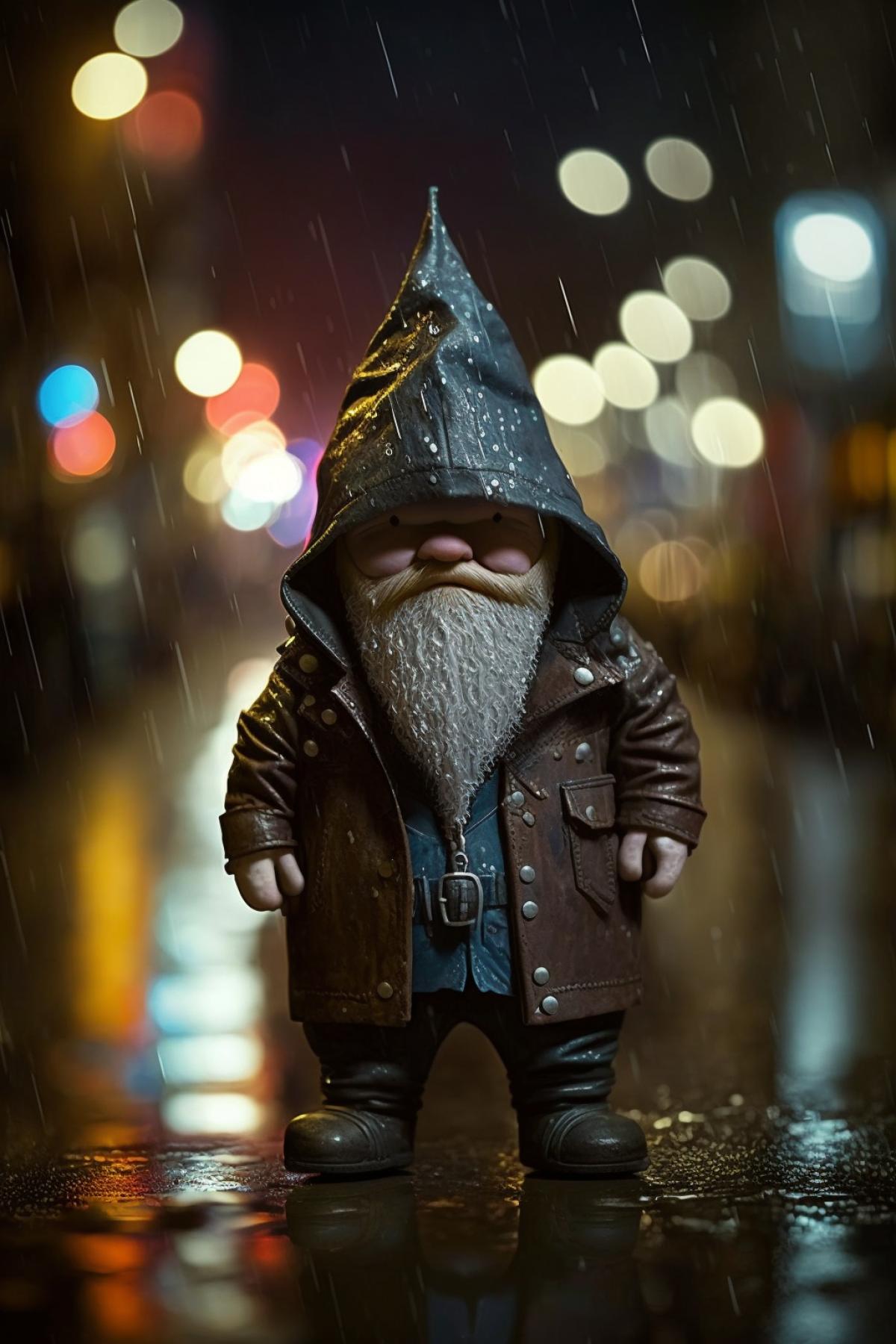 A swearing gnome, in a leather jacket, photo in the city at night after the rain