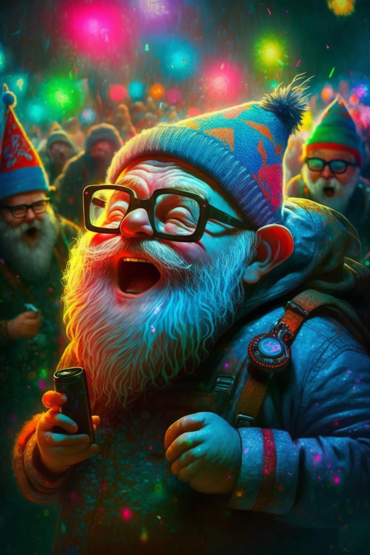 Gnome hallucinating on LSD at a rave party
