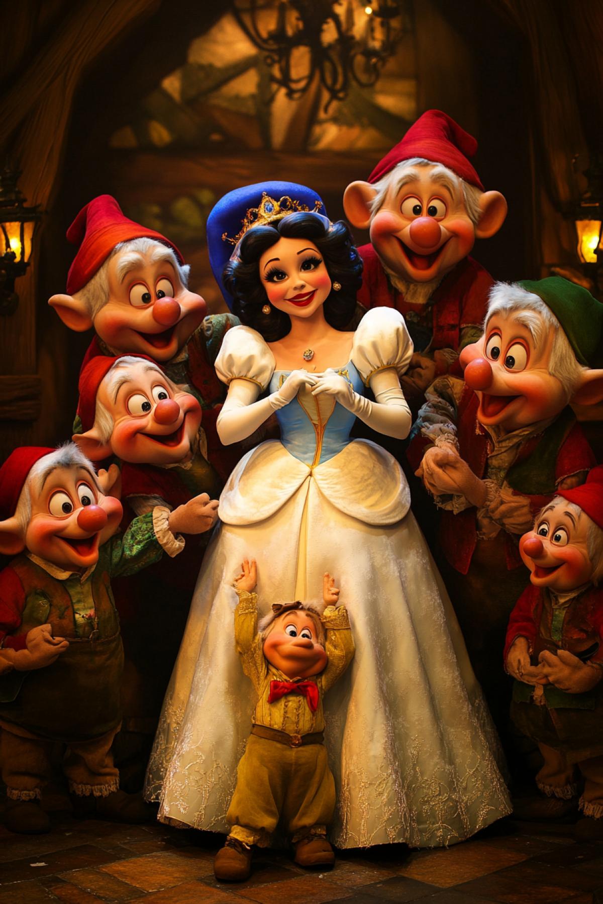 Seven happy dwarfs with Snowwhite princess wearing luxury \"Dolce&Gabbana\" clothes rich modern interior cocktail party bright colours high contrast photo for Vogue revue