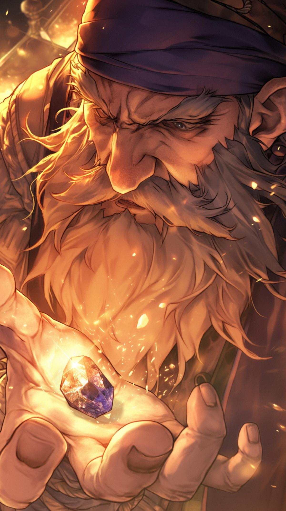 Dwarf holds small magic stone in palm, evening background with diamonds, d&d style, fantasy style, fantasy style, Kazuo Oga Ghibli Background ArtColor Style. Neutral Emotions, Only Background, Light Colors, Little Saturation, detailed costumes, close up