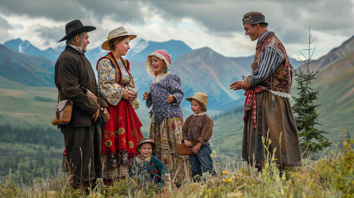 A family in traditional Russian costumes argues with a family in cowboy costumes against the backdrop of Alaskan landscapes.