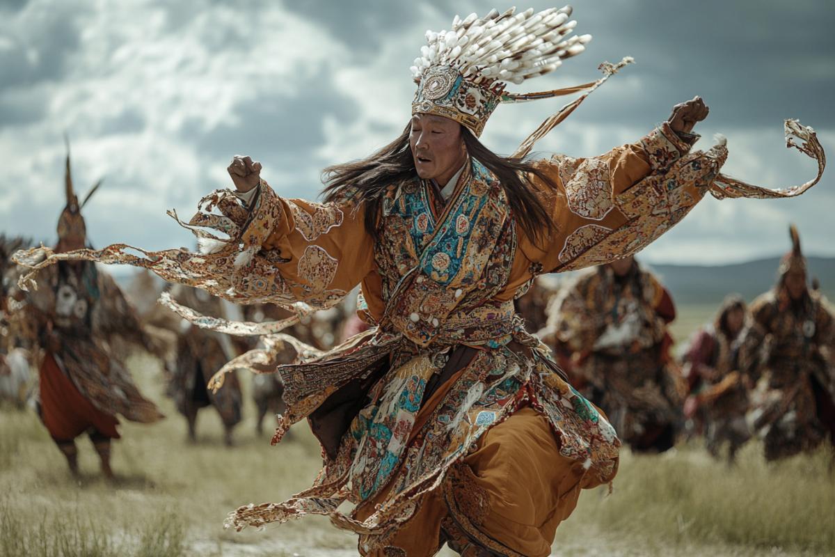 Tuvan shaman in the national Tuvan costume decorated with cowrie shells, baroque, Buddhism, in full growth, dancing a shamanic dance