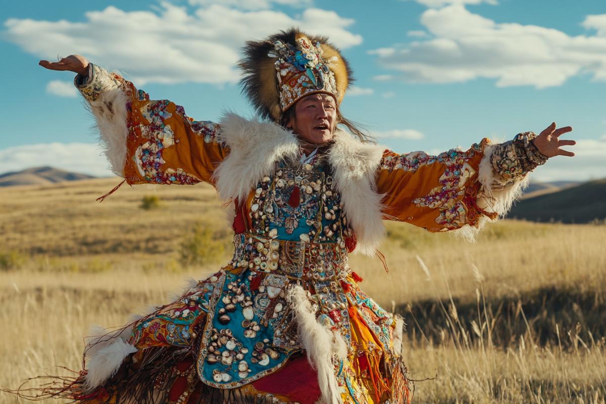 Tuvan shaman in the national Tuvan costume decorated with cowrie shells, baroque, Buddhism, in full growth, dancing a shamanic dance