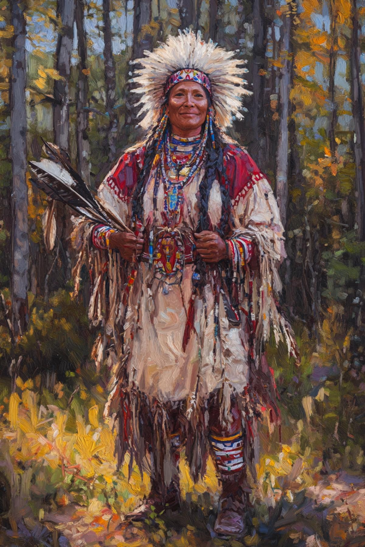 Woman chief of the Appachee Indian tribe in national costume.