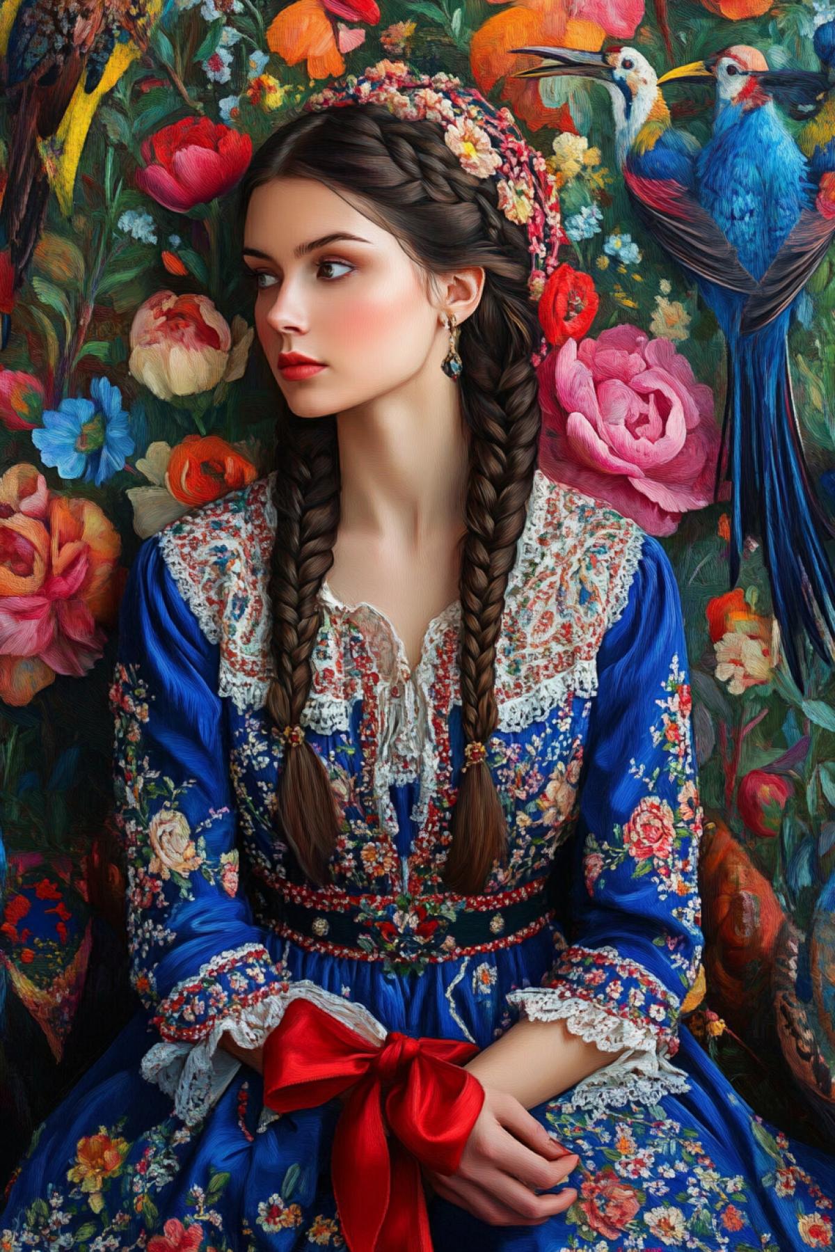 beautiful luxurious woman in a chic blue Russian folk dress with painting, hair in braids, a red ribbon tied on her head, colorful birds and colorful flowers in the background, hyper-detailed high quality bright lighting 5000k, HD lumen