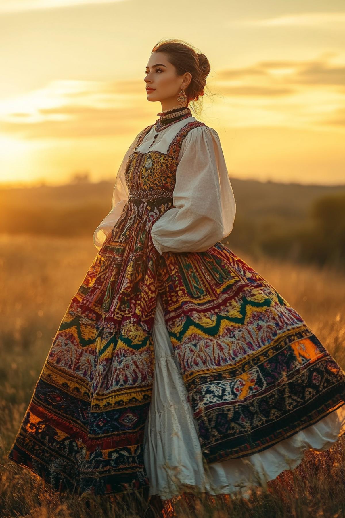 A full shot of a woman wearing a traditional national dress, standing gracefully in an outdoor cultural festival, intricate patterns on the dress reflecting local heritage, with a soft golden sunset casting warm light, shot with a Nikon Z7 II, 50mm f/1.4 lens, vibrant colors emphasizing the details of the dress