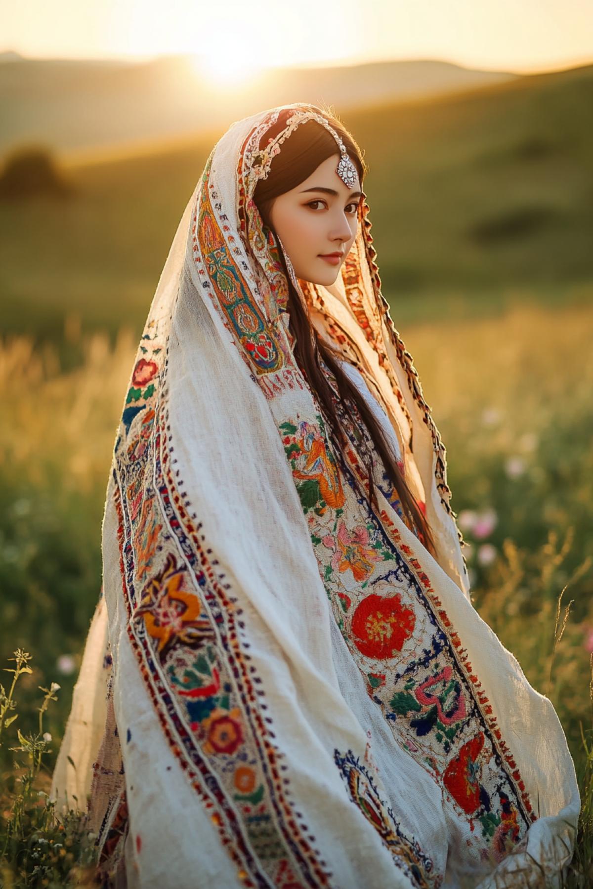 A full shot of a woman dressed in an elegant traditional national costume, standing in a serene natural landscape, delicate embroidery and vibrant colors highlighting the cultural significance, with the soft glow of an afternoon sun illuminating the scene, shot with a Sony A7R IV, 50mm f/1.4 lens, rich and vibrant colors