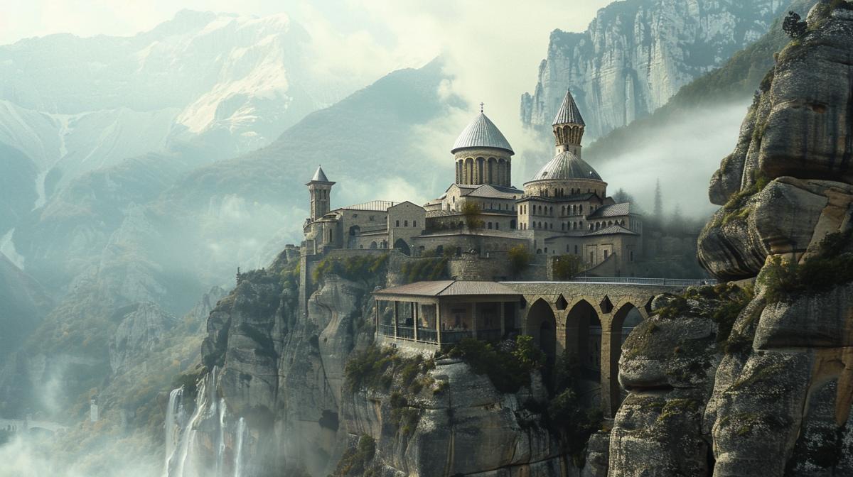 In the foreground is a secluded monastery, among majestic mountains, an atmosphere of peace and grandeur of nature. Architecture typical of monasteries: domes, towers, bridges or suspended buildings, add natural elements fogs, waterfalls, steep cliffs and inaccessible peaks, the effect of mysticism and solitude.