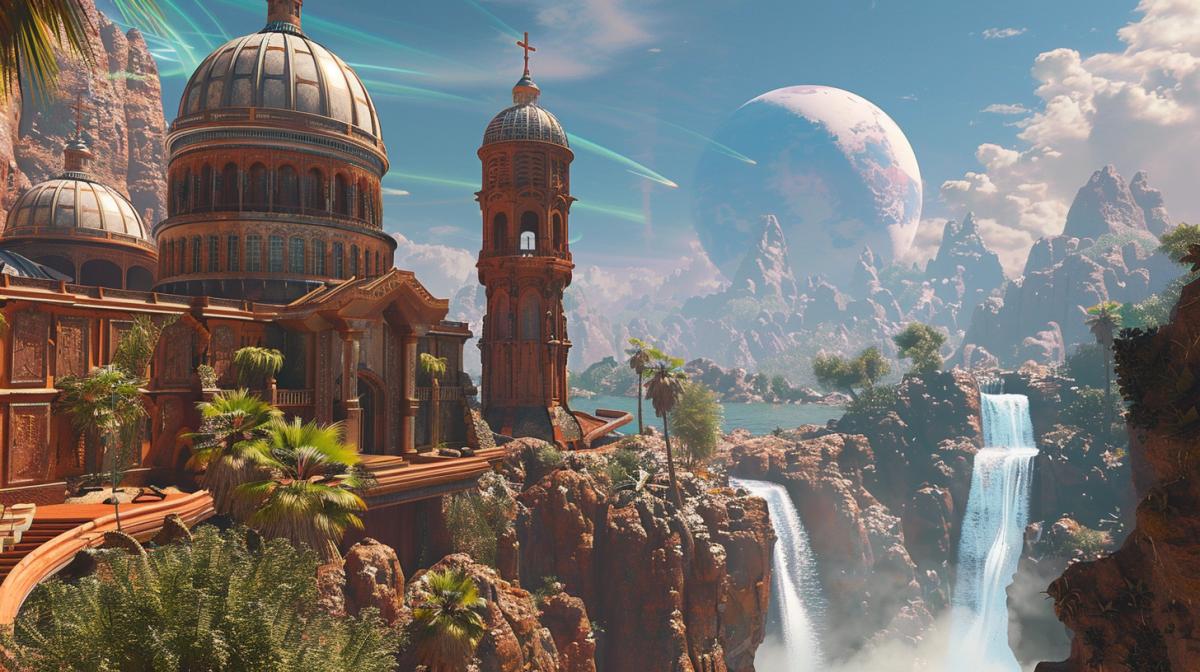 Steampunk monastery on a distant planet, tropical mountains, waterfall, fantastic sky