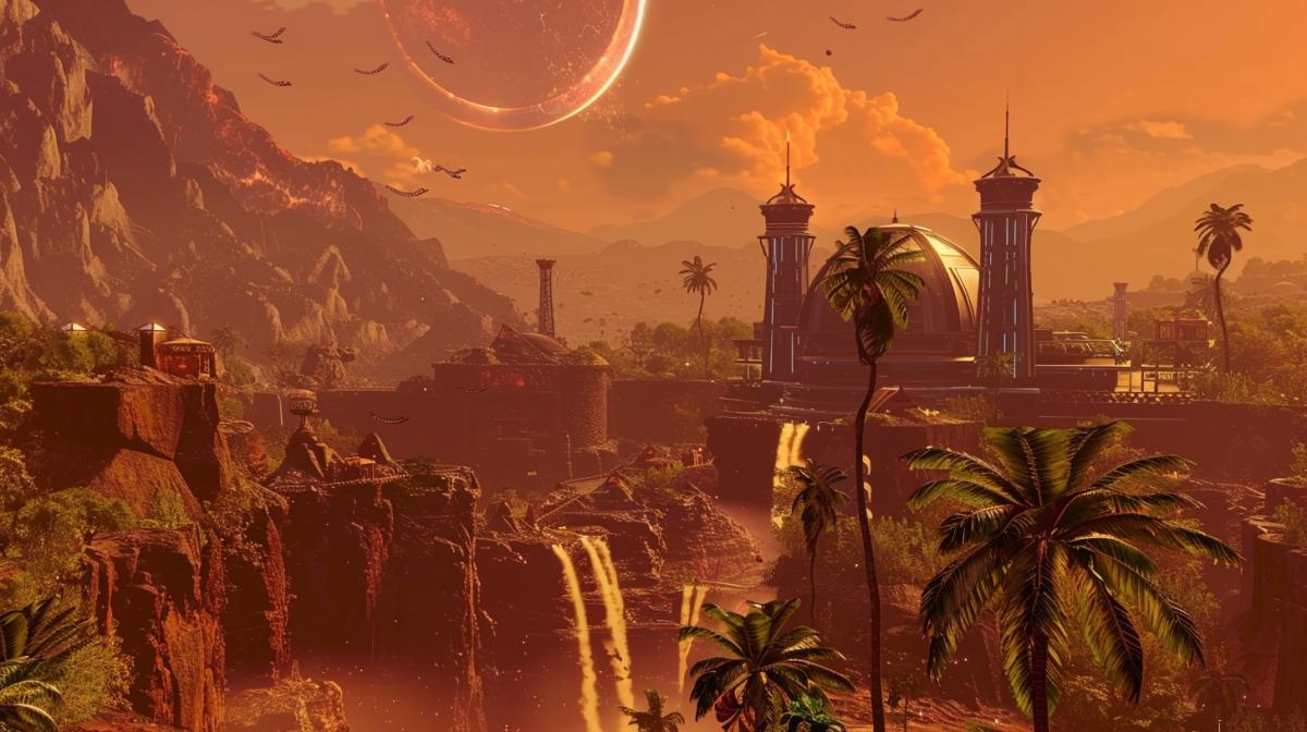 Steampunk monastery on a distant planet, tropical mountains, waterfall, fantastic sky