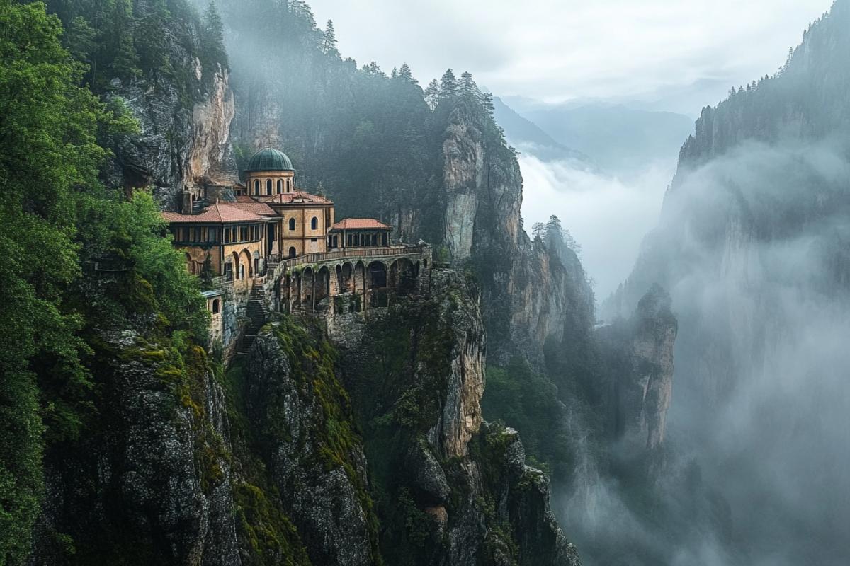 🎲 Competition No. 525. Mountain Monastery. . Imagine a secluded monastery, lost among the majestic mountains. It could be an ancient fortress carved right into the rock, or a secluded sanctuary immersed in the greenery of mountain forests. We pro4k to create an image of a monastery located in the mountains, taking into account the atmosphere of peace and grandeur of nature.. . Show the architecture typical of monasteries: domes, towers, bridges or suspended buildings. You can add natural elements fogs, waterfalls, steep cliffs and inaccessible peaks, creating the effect of mysticism and solitude.