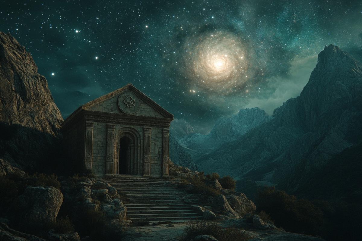 Secluded temple of the dark lord in the mountains fantasy galaxy magic