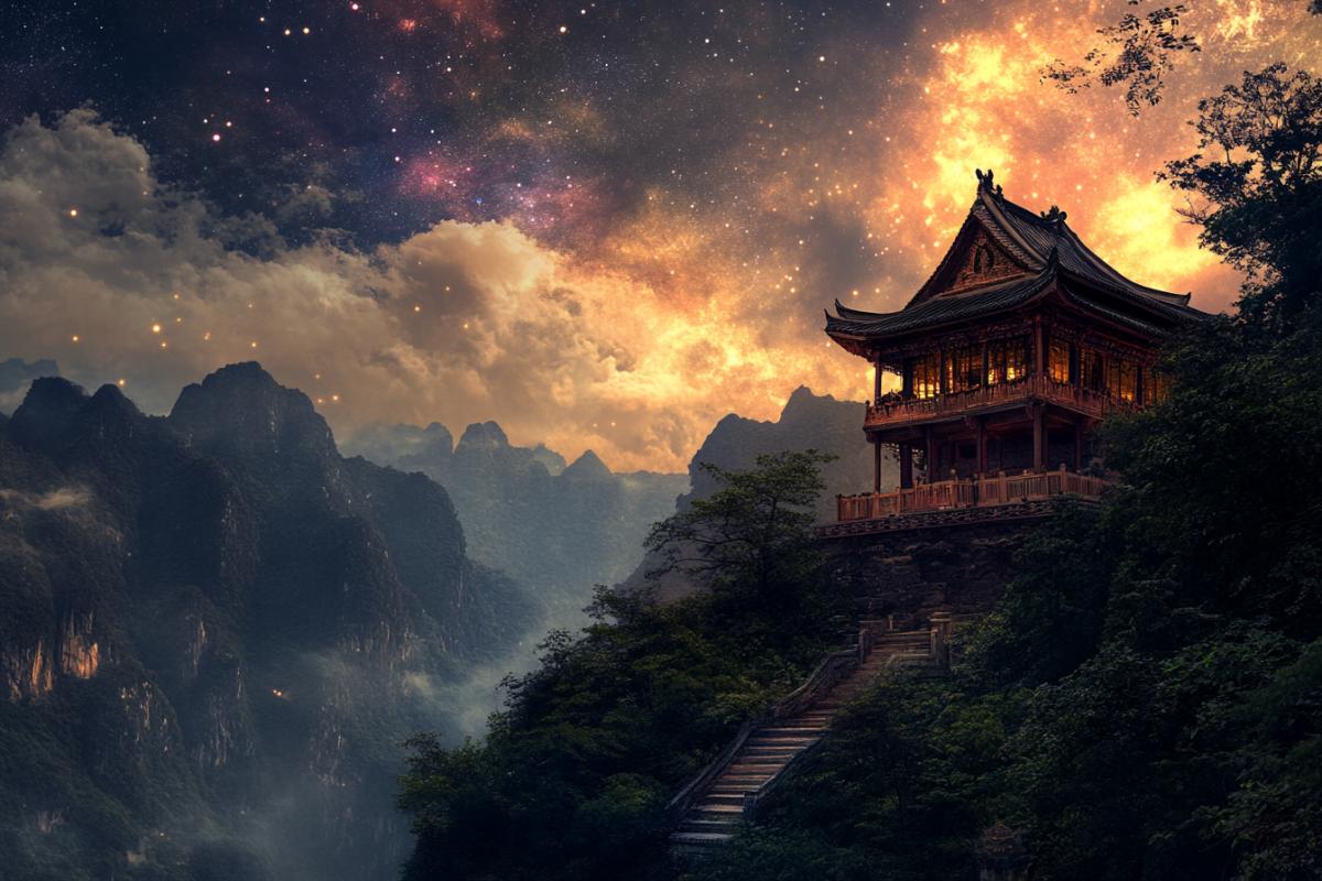 Secluded temple of the dark lord in the mountains fantasy galaxy magic
