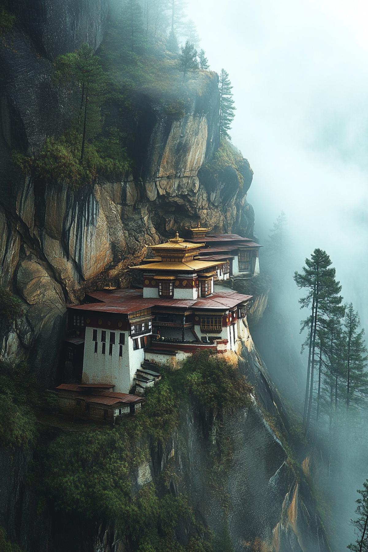 An ancient Tibetan monastery in the mountains, fog, tall cedars, Buddhists rush to the monastery