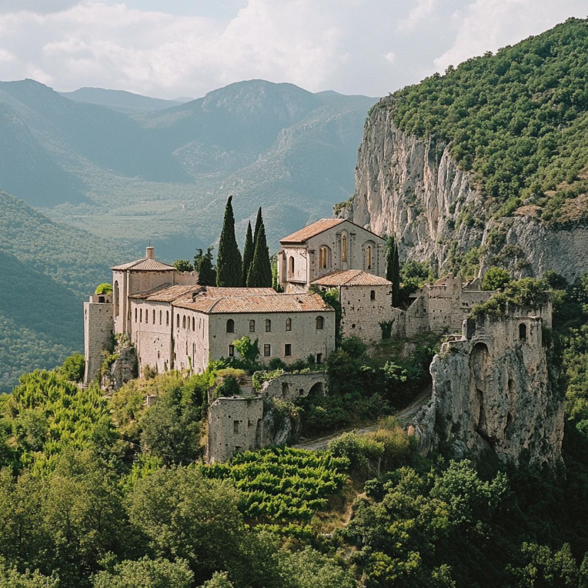 a monastery on a high mountain, surrounded by greenery of trees and vines
