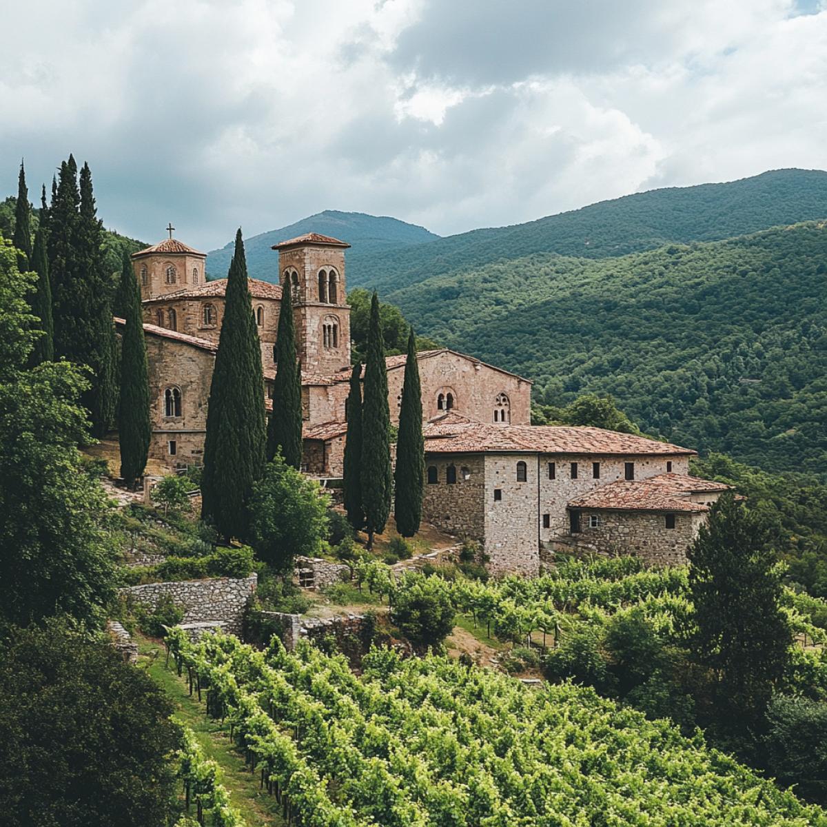 a monastery on a high mountain, surrounded by greenery of trees and vines