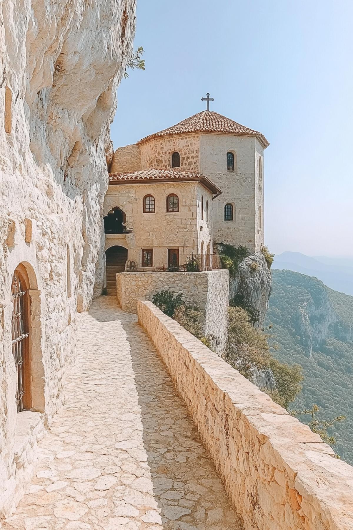 An ancient, secluded monastery carved into the cliffs. High in the mountains. Beautiful view. Professional photo.