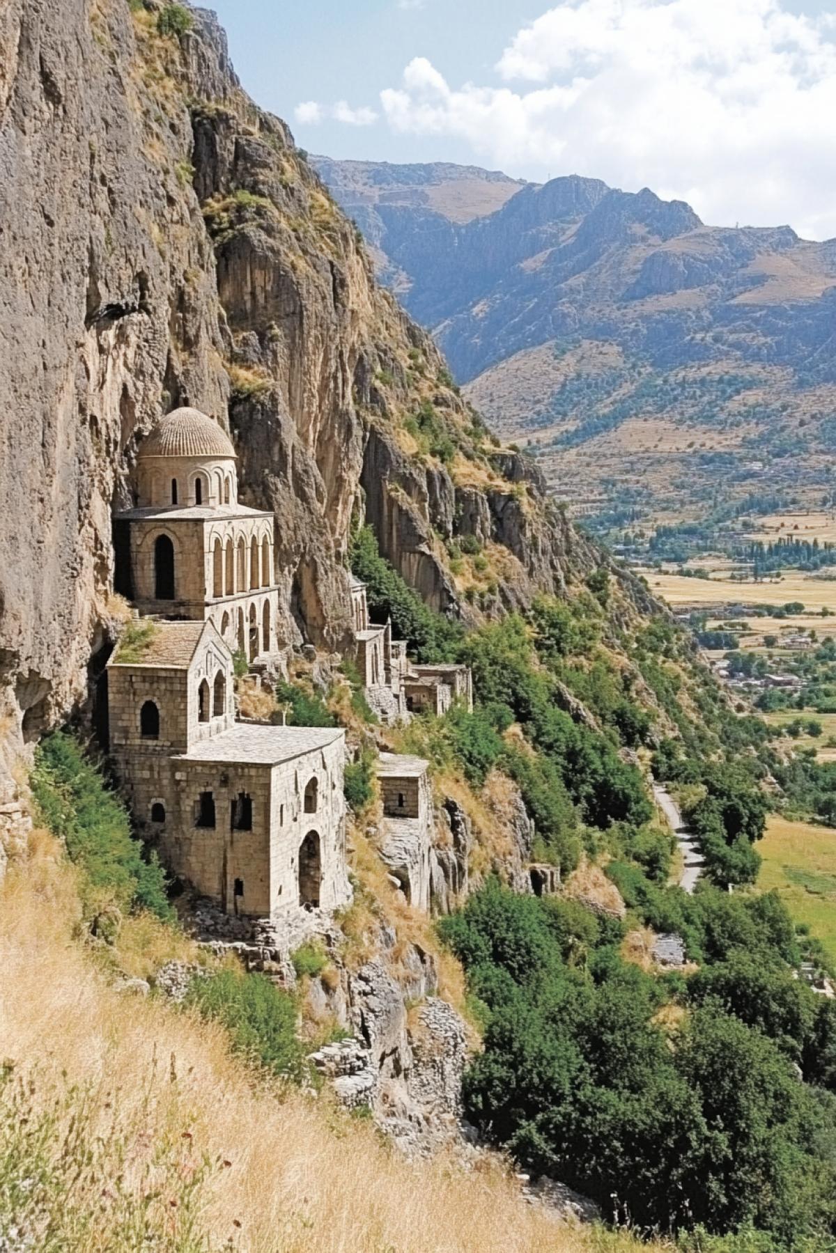An ancient, secluded monastery carved into the cliffs. High in the mountains. Beautiful view. Professional photo.