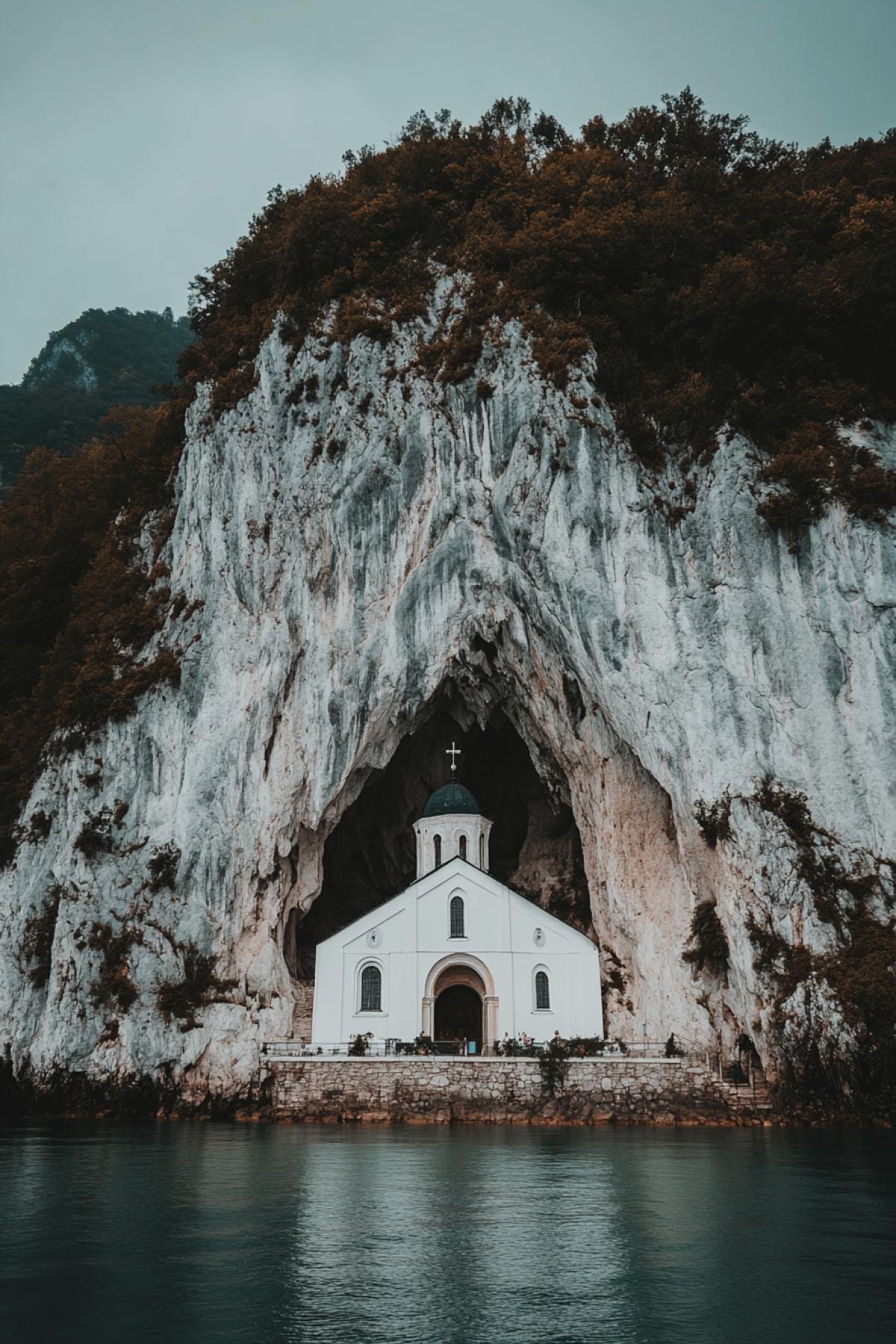 An ancient, secluded monastery carved into the cliffs. High in the mountains. Beautiful view. Professional photo.
