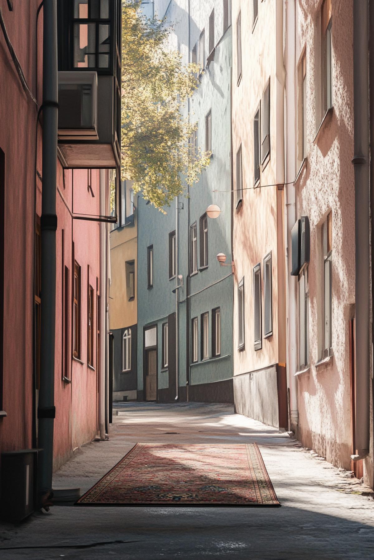 A big carpet on the wall of a building, a modern world of the future, a street, a city, a lot of light, flickering. Realistic image