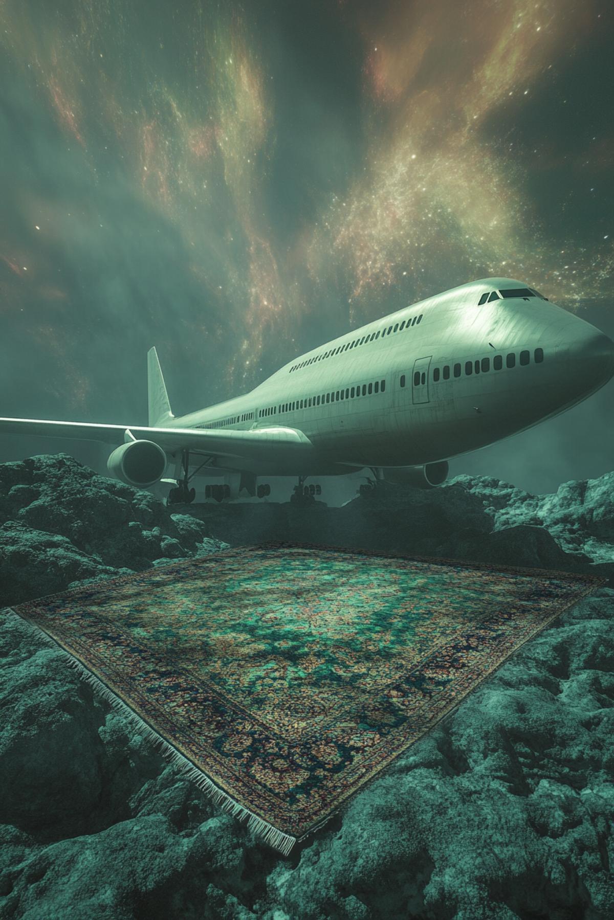 A large airplane carpet on a rock, space, a parallel world, psychedelic, a lot of light. Flicker