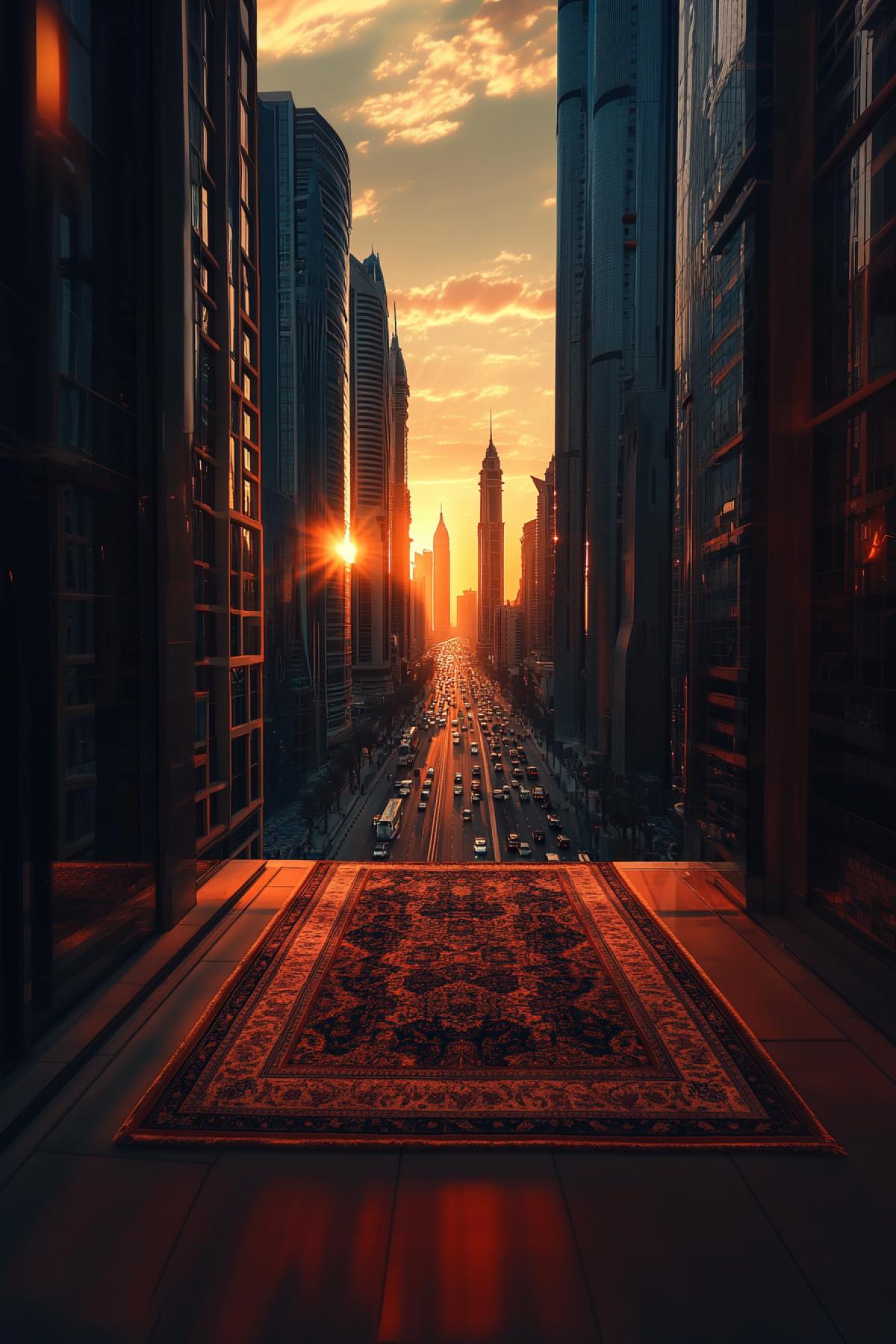 A big carpet on the wall of a building, a modern world of the future, a street, a city, a lot of light, flickering. Realistic image