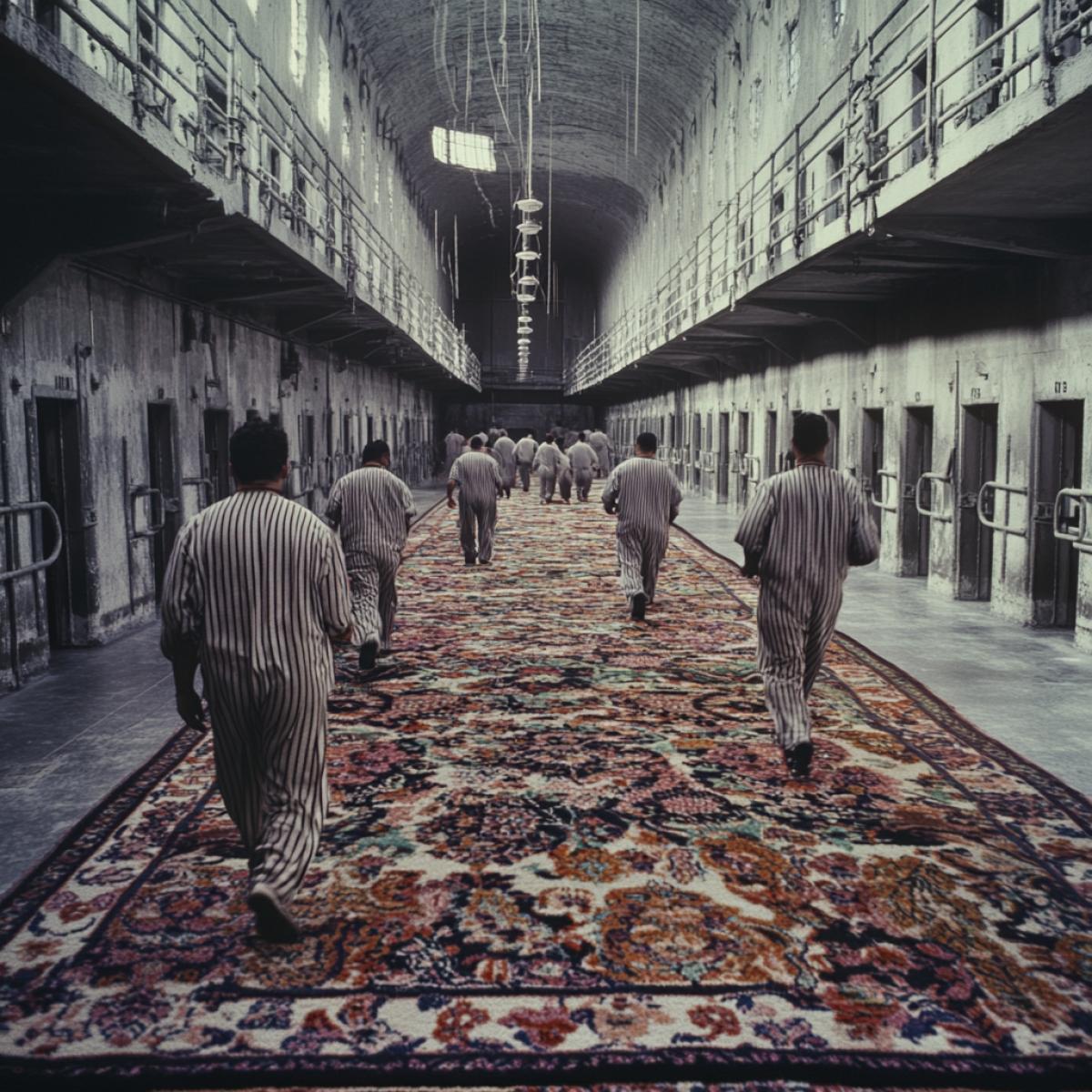 dark and white photograph. Prisoners in the prison, dressed in striped clothing, walk during their exercise time on a big Persian carpet. The carpet is brightly colored, with rich, vibrant hues that strongly contrast against the dark-and-white surroundings.