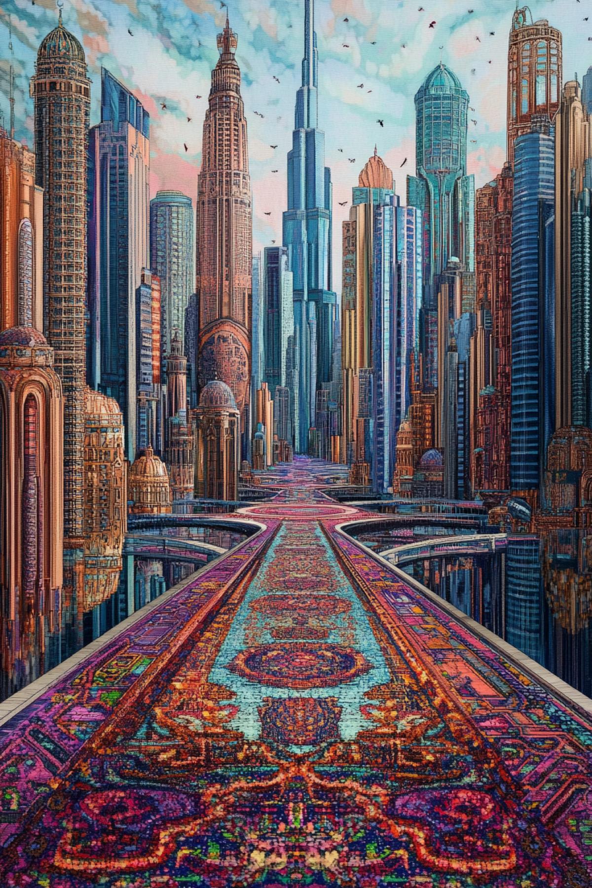Futuristic city skyscrapers multilevel highways built-up upon one big luxury Persian carpet covering the whole city bright vibrant colours high contrast