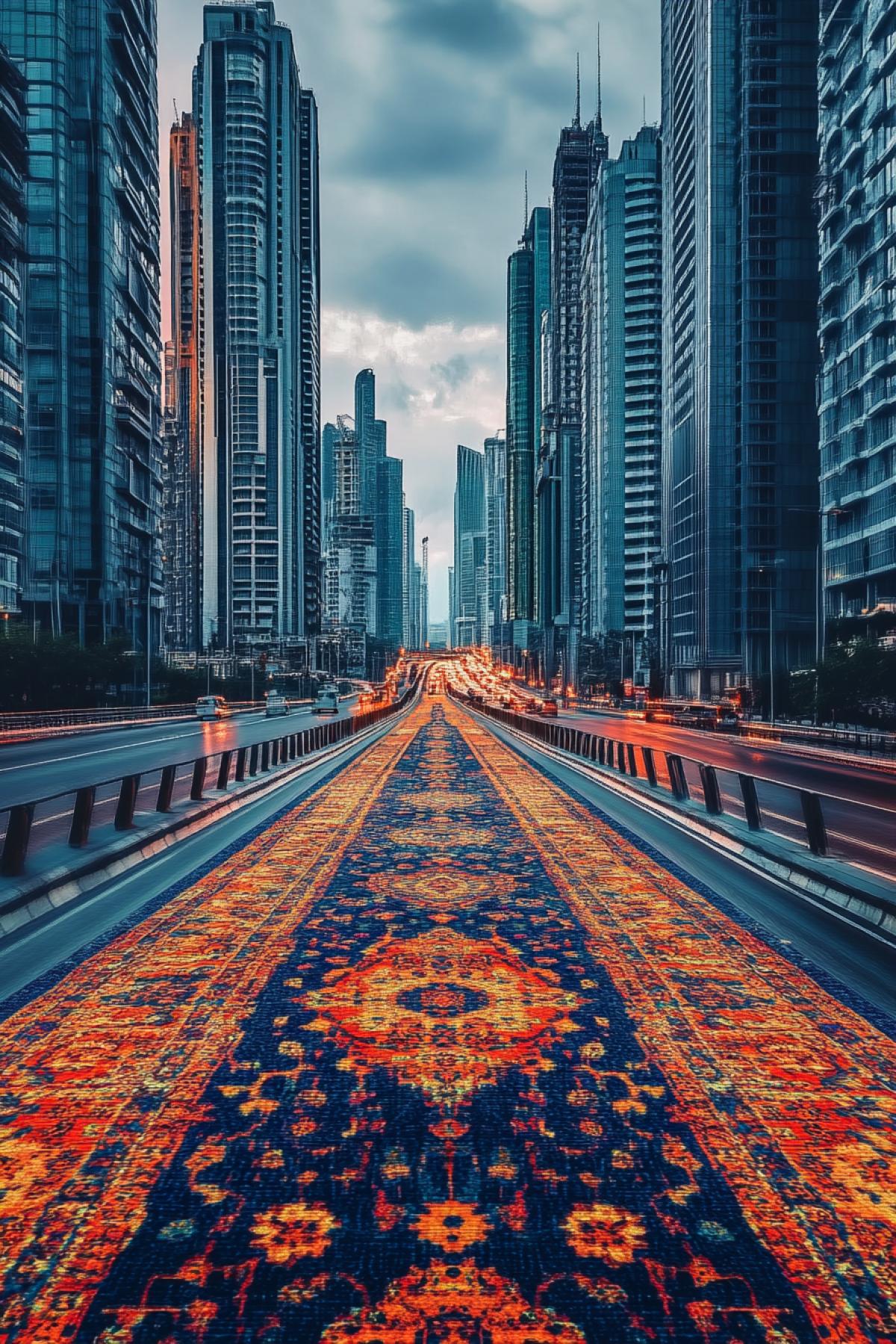 Futuristic city skyscrapers multilevel highways built-up upon one big luxury Persian carpet covering the whole city bright vibrant colours high contrast