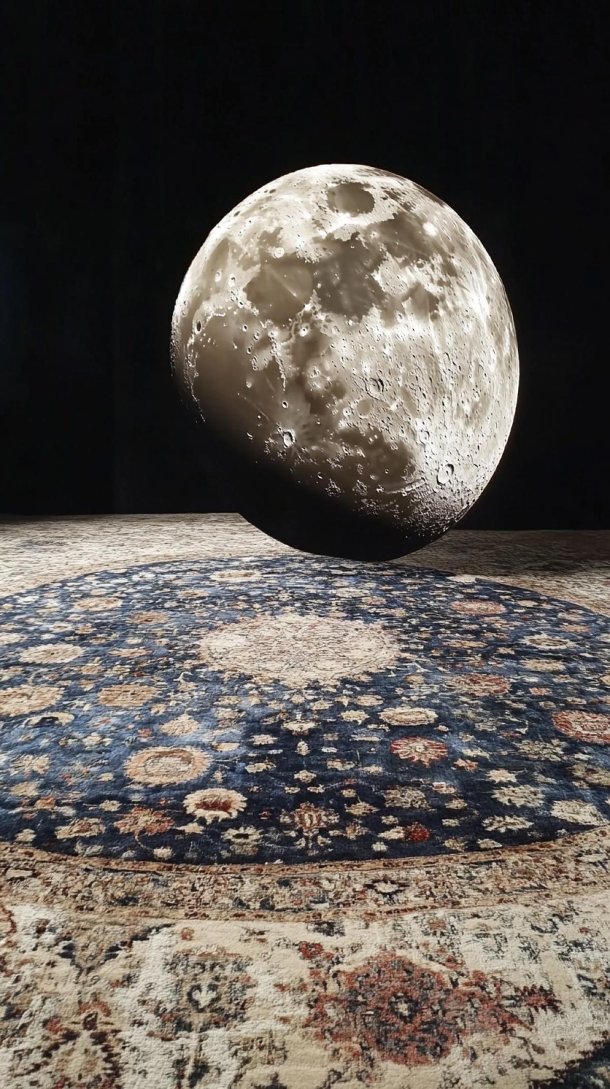 Woven Persian carpet laid from planet earth to moon