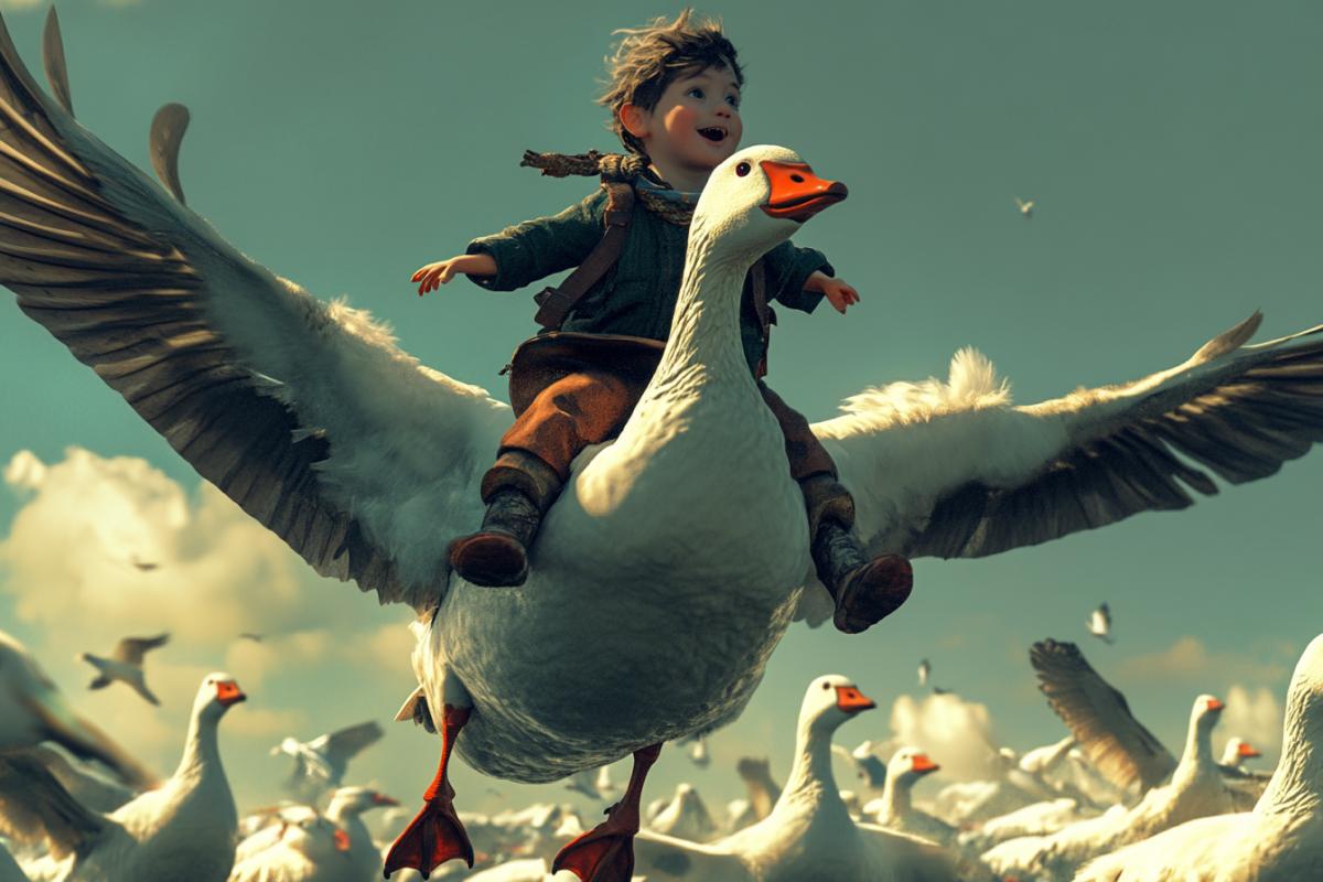 Little Nils flies astride a goose in a flock of geese
