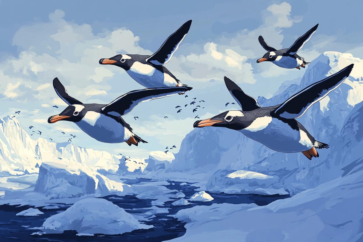 Flock of penguins in flight cartoon