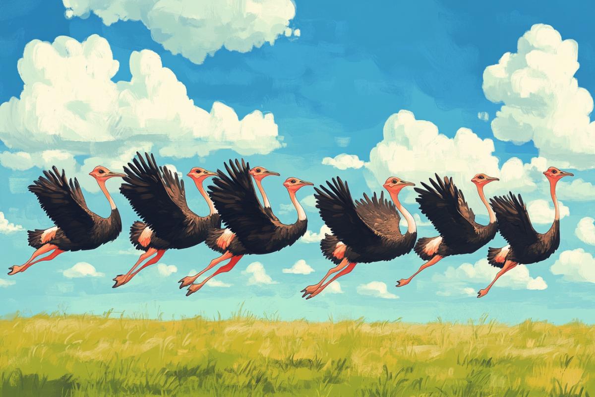 Flock of ostriches in flight cartoon