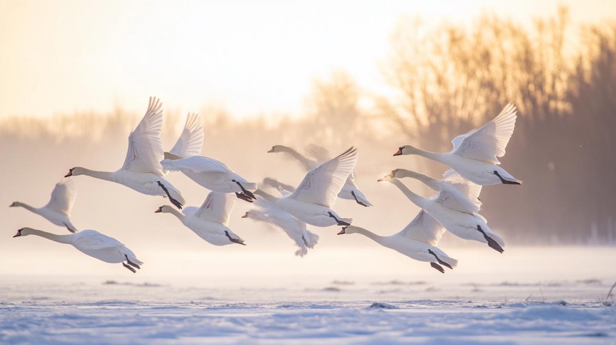 flock of swans landing