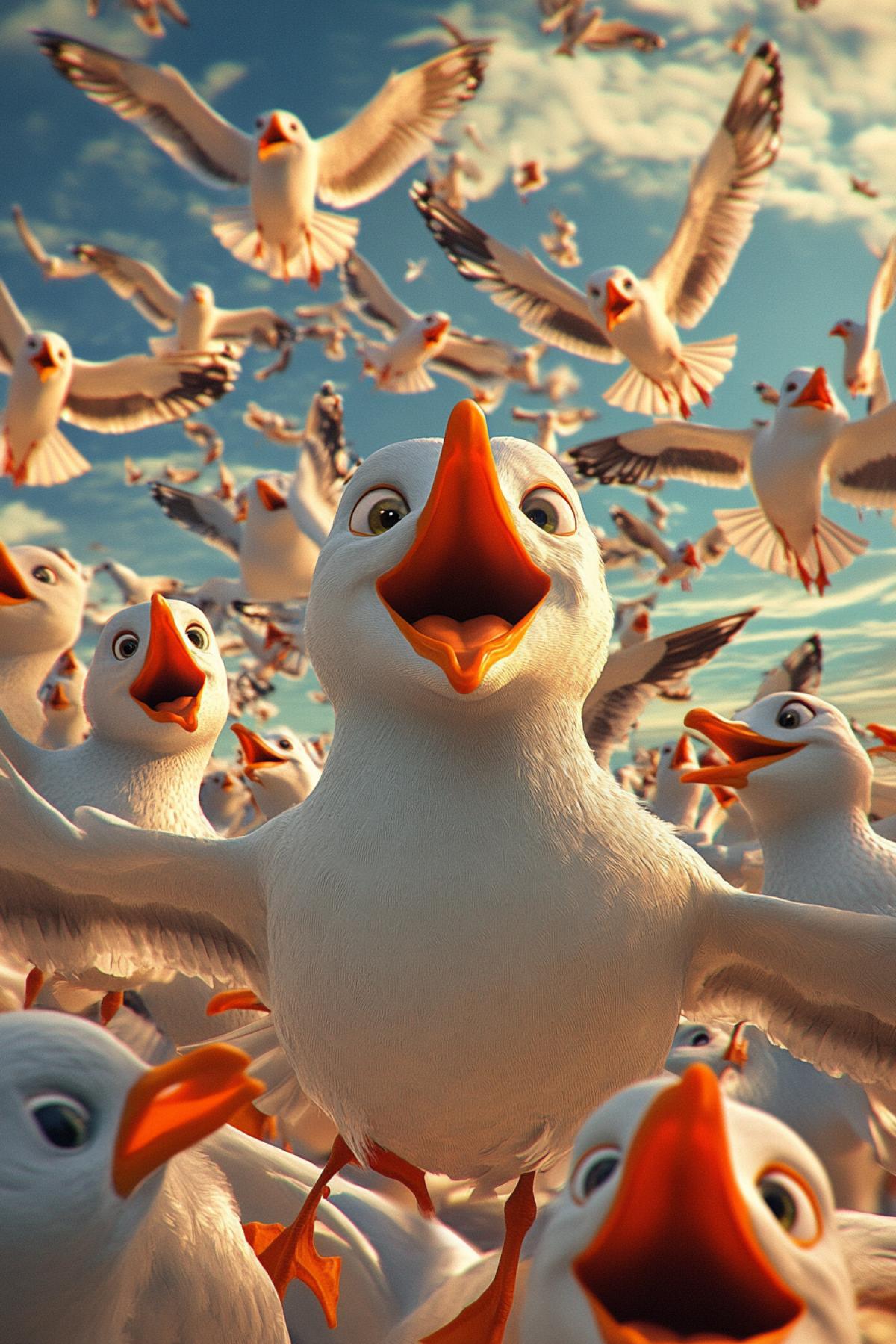 Flock of fat hungry ugly angry greedy seagulls flyingover storming sea 3d Pixar illustration ironic vibrant colours high contrast