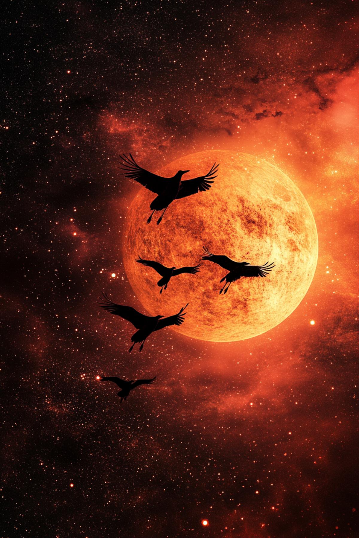 Wedge of cranebirds flying across the starry dark universe unto the bright round sun vibrant colours high contrast