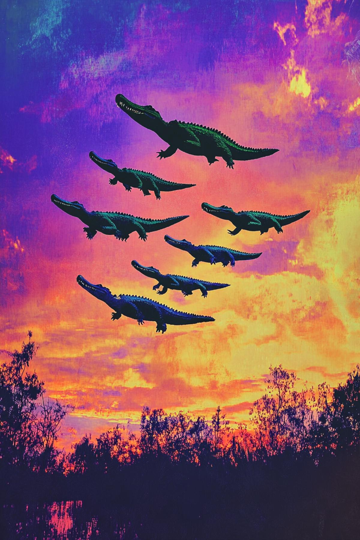 Wedge of crocodiles flying to the sunset bright vibrant colours high contrast ironic art