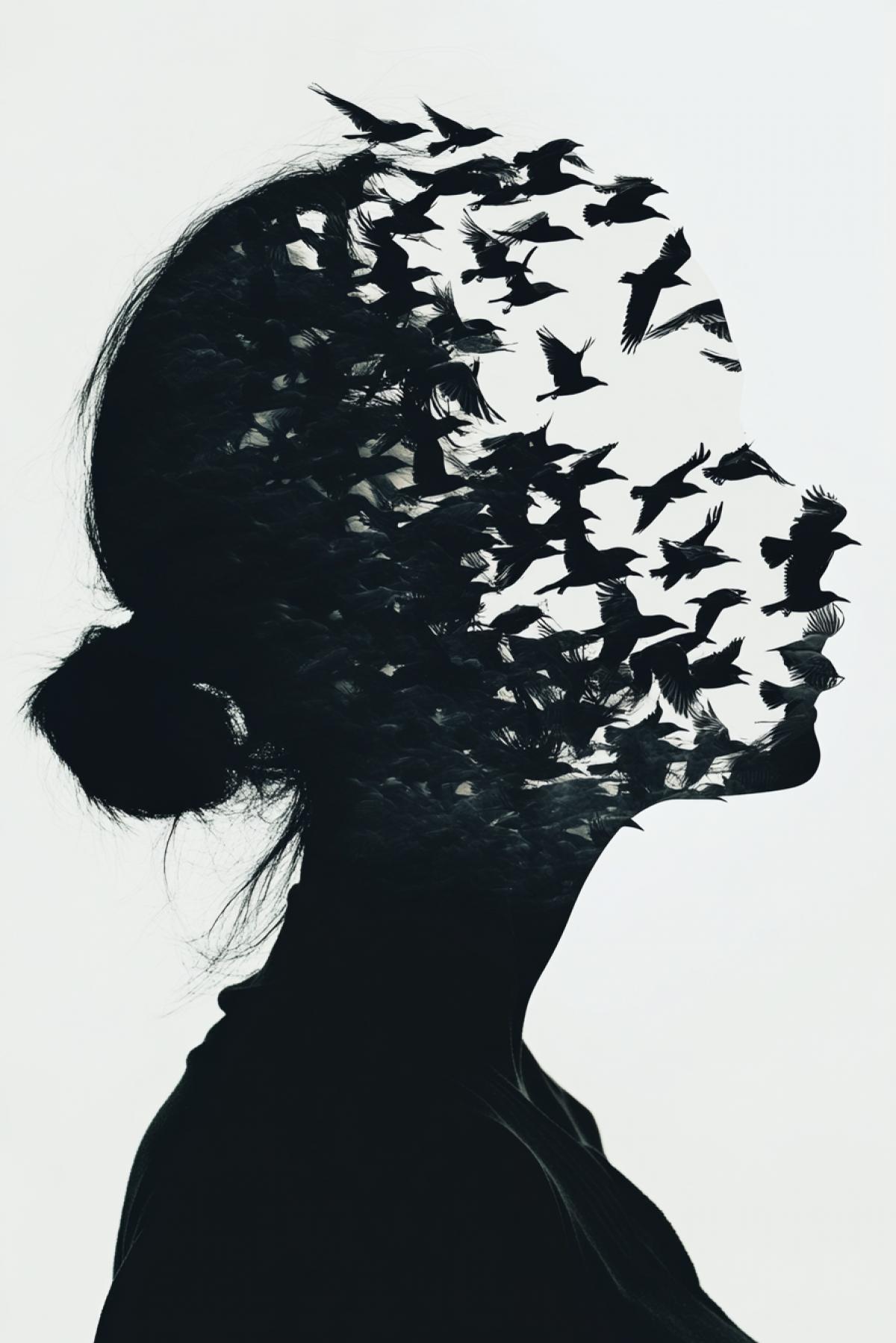 Optical illusion Flock of birds silhouette building up image of beautiful 23yo girl portrait