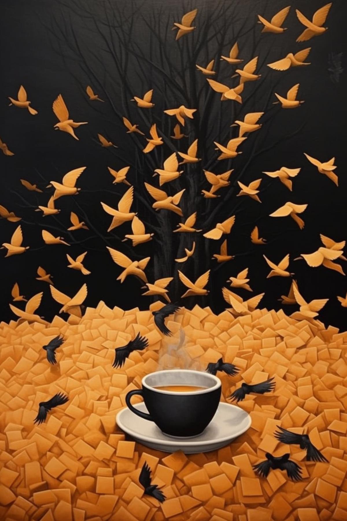 A flock of birds is flying in the background 🥕🌷☕️✨️👻