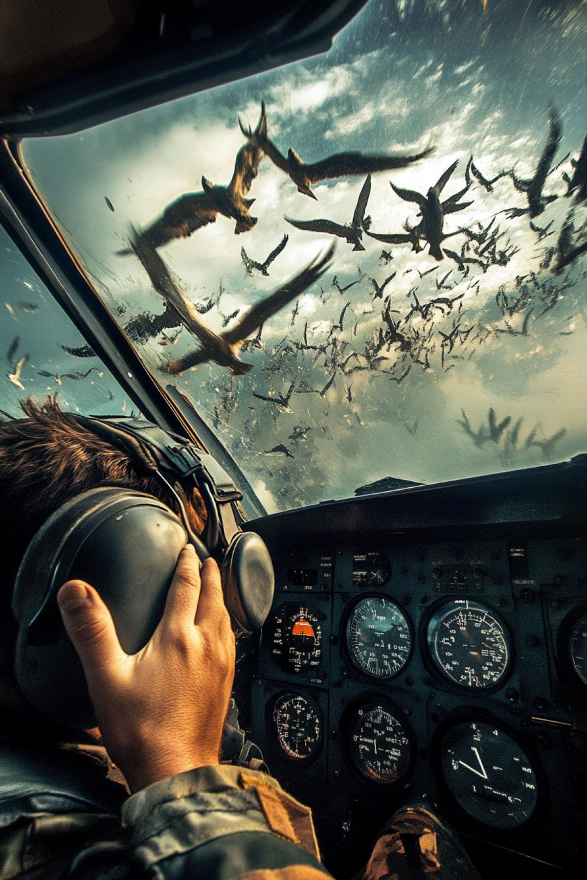 View from the cockpit of a light aircraft. The pilot, in horror, covers his face with his hand. The plane, at full speed, is attacked by a flock of kamikaze birds. The birds are depicted with high detail, with some showing fierce expressions and a menacing appearance. Cinematic techniques are fully utilized to convey the sense of speed and aerial combat.