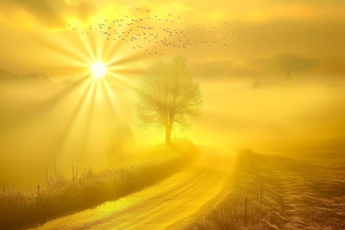 big flocking birds in the fog at dawn, mysterious