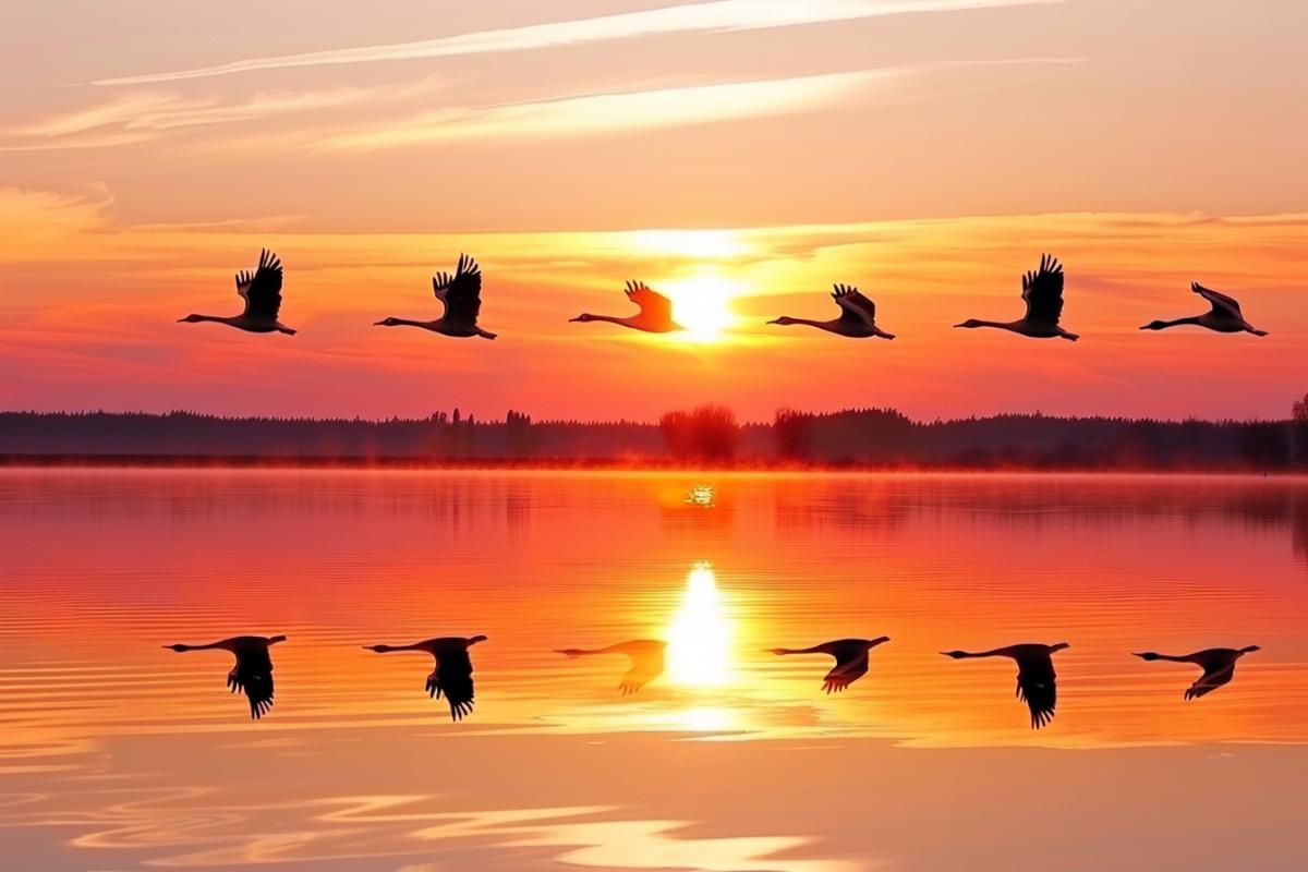 big flocking birds in the fog at dawn, mysterious
