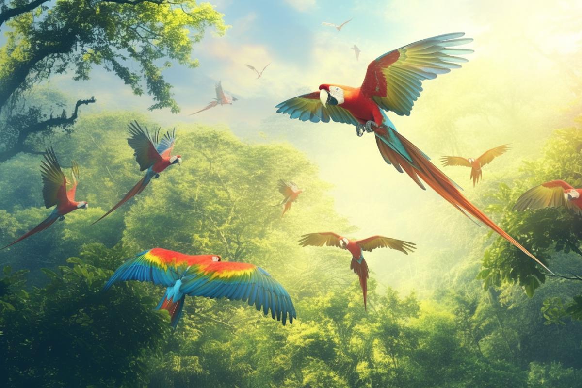 A flock of multi-colored big parrots is flying, bright colors, big beautiful parrots are flying!