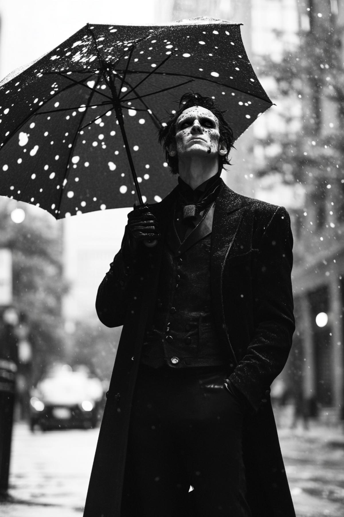 A street in a big city. Its a sunny summer day. A tall, thin, sad man with an endless sorrow in his eyes, dressed in an expensive tailcoat, holds an open umbrella in his hand. The umbrella and the street around him are covered with large drops of whipped cream, with bright white spots clearly visible on the dark umbrella and the dark asphalt of the road.
