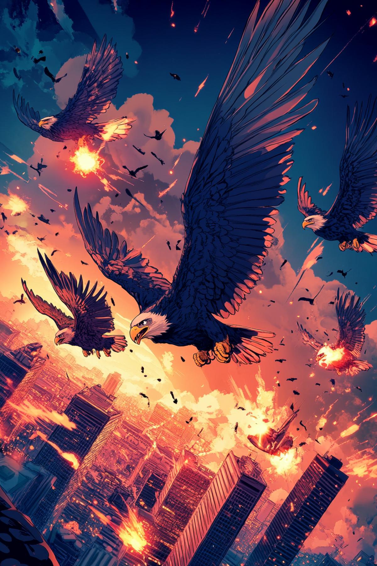Flock of diving eagles shaped as dive4ks wearing pilots helmets attacking night city below them dropping bombs angry eyes light of explosions smoke vibrant colours high contrast Alan Parkers animated cartoon style illustration