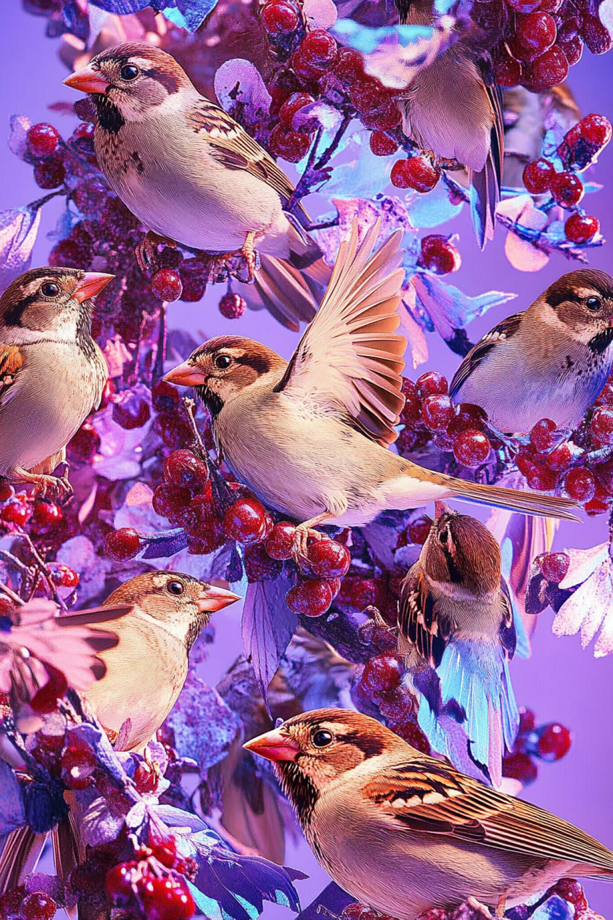 Big flock of drunken sparrows having occupied one bush of berries approaching another dozen of sparrows bright vibrant colours high contrast