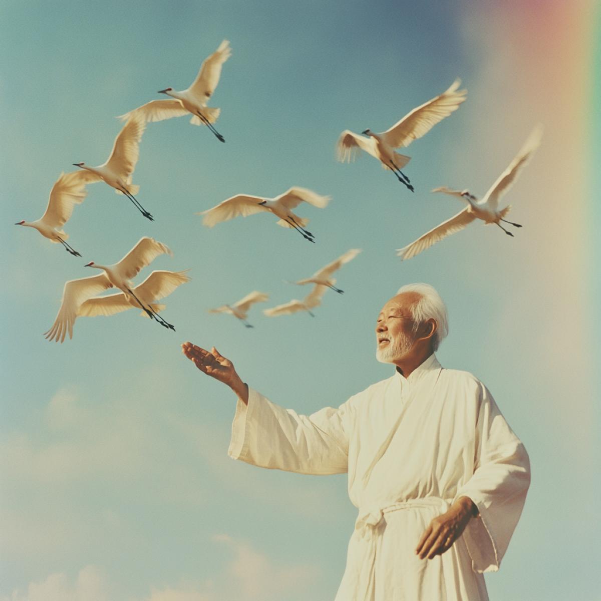 An elderly man in pristine white clothing is leading a flock of cranes in flight. The photograph is taken in warm tones against a backdrop of clear sky and a rainbow. He is flying in his dreams like a bird.